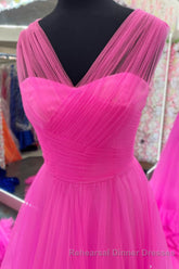 Hot Pink Illusion Strapless A-line Layers Tulle Long Semi Formal Prom Dress